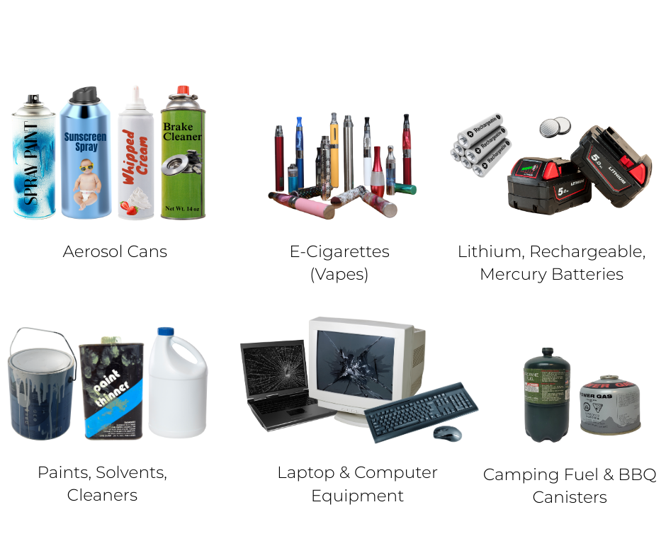 Household Hazardous Waste items grouped by kind: four types of aerosol cans; different e-cigarettes (vapes); lithium, rechargeable, and mercury batteries; a paint can, solvent container, and a cleaning product container;  a broken laptop, monitor, and a keyboard and a computer mouse; and camping fuel and BBQ canister (propane)